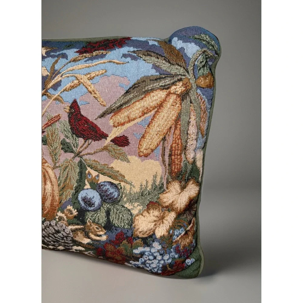 Vtg‎ 90s Tapestry Fall Harvest Square Green Pillow,Fruit,Birds,Pumpkin Autumn